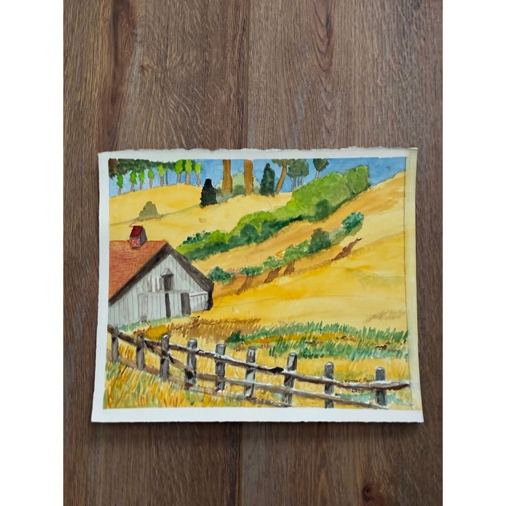 Country Fence Barn Landscape 2021 Warren C Plauche Original Watercolor Painting